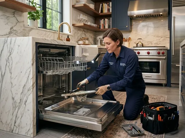 Appliance Repair Hero technician servicing a built-in dishwasher in a Asheville, NC kitchen