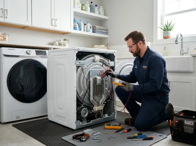 Appliance Repair Hero technician checking a dryer heating element with the rear panel off in Asheville, NC