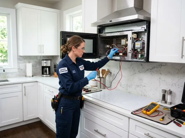 Appliance Repair Hero technician testing an over-the-range microwave in a Asheville, NC kitchen
