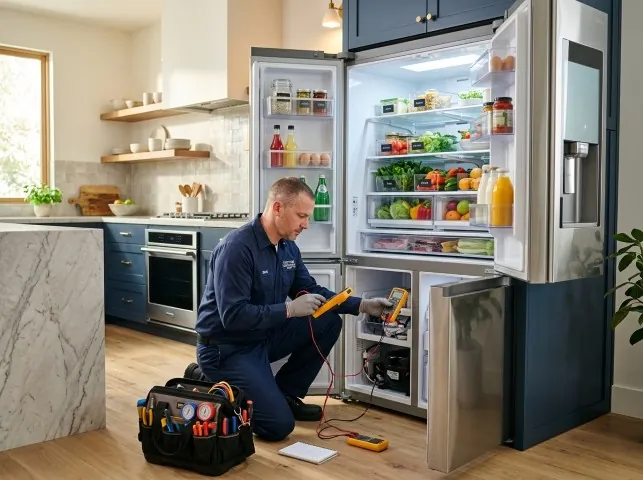 Appliance Repair Hero refrigerator technician testing a fridge on a Asheville, NC service call