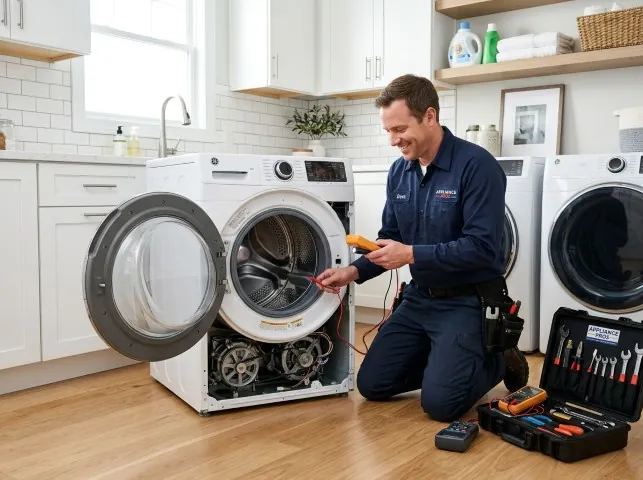 Appliance Repair Hero technician testing a front-load washer with a multimeter on a Asheville, NC service call